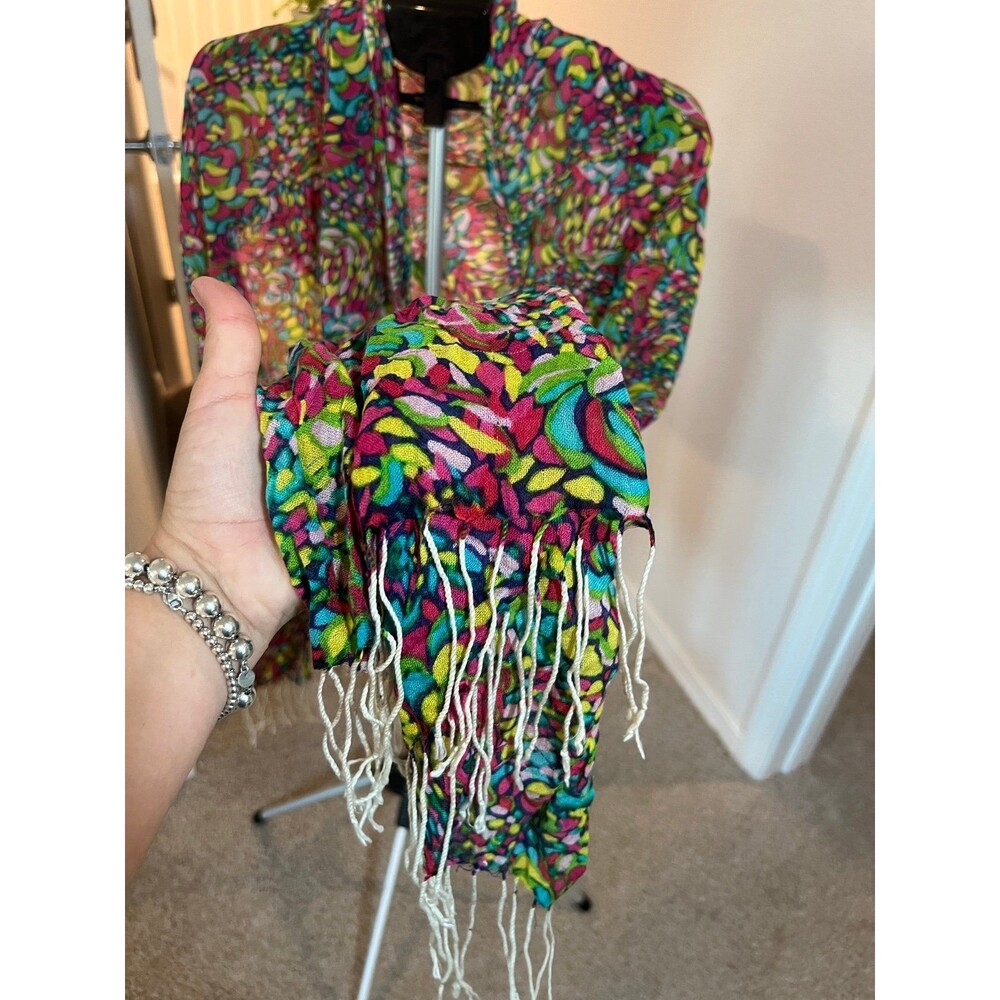 Multicolor Stained Glass Mosaic Scarf with White Fringe - Picture 4 of 8